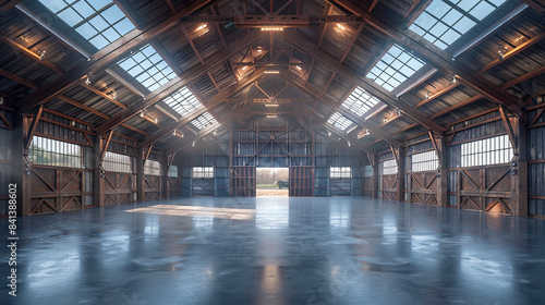 A large, empty warehouse with a lot of light shining through the windows