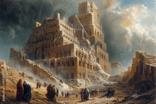 Tower of Babel: Multilingual chaos in towering structure - detailed illustration