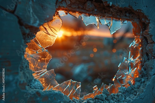 A detailed shot of a broken glass window with a hole, the edges of the hole sharp and uneven photo