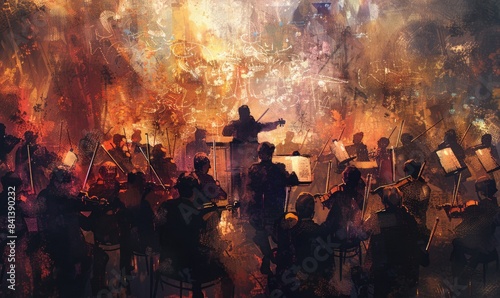 A painting of a large orchestra with a conductor
