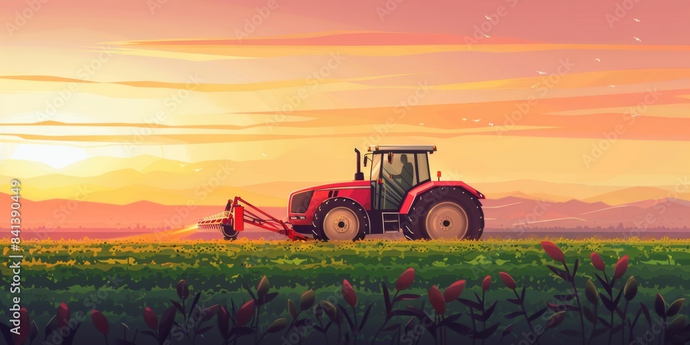Fototapeta premium Sunset Harvest: Green Crops, Tractor, and Rainbow. Agriculture, Food Production, and Data Analytics Concept. 4K HD Wallpaper Background.