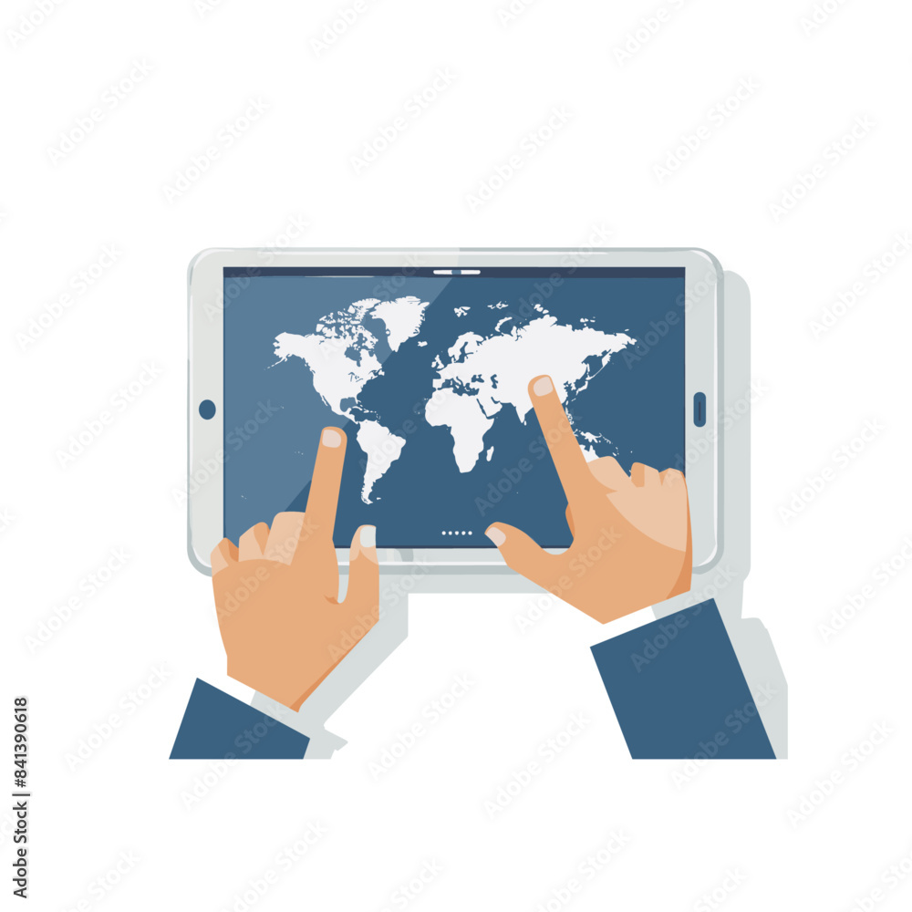 A hand with business suit finger touching the screen of an iPad, displaying world map on it A hand with business suit finger touching the screen of an iPad, displaying world map on it