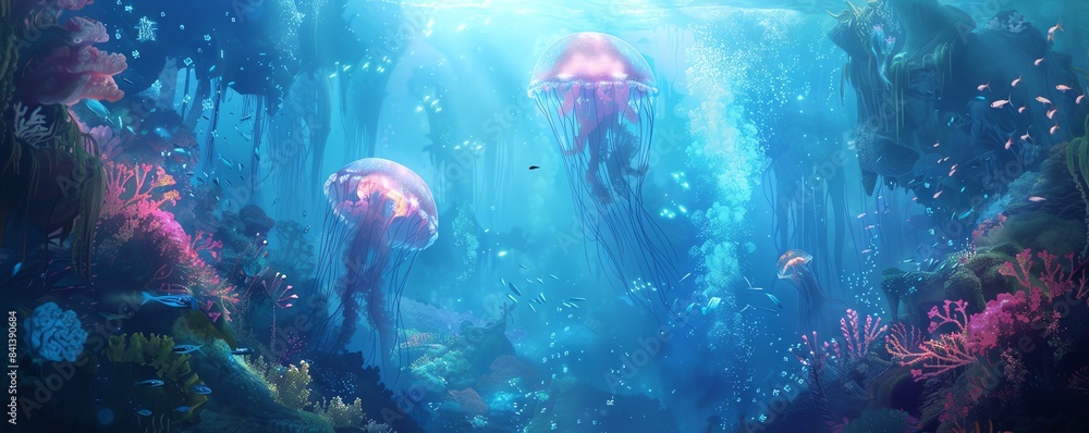 Underwater fantasy world seen from a low angle Underwater fantasy world seen from a low angle
