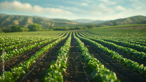 Drip irrigation lines running through rows of crops in a farmland setting photo
