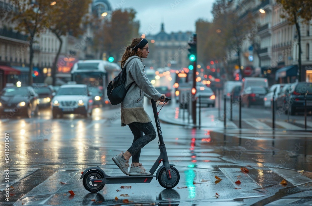 Obraz premium Young beautiful girl riding an electric scooter in the summer on the street