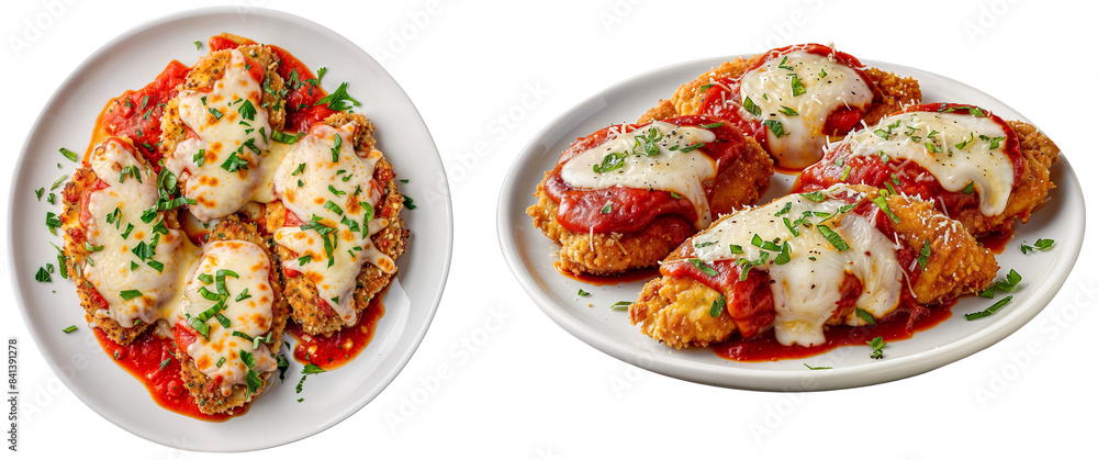Set of two plates with breaded chicken cutlets topped with marinara sauce and melted cheese, side and top view, food bundle isolated on a white background Set of two plates with breaded chicken cutlets topped with marinara sauce and melted cheese, side and top view, food bundle isolated on a white background