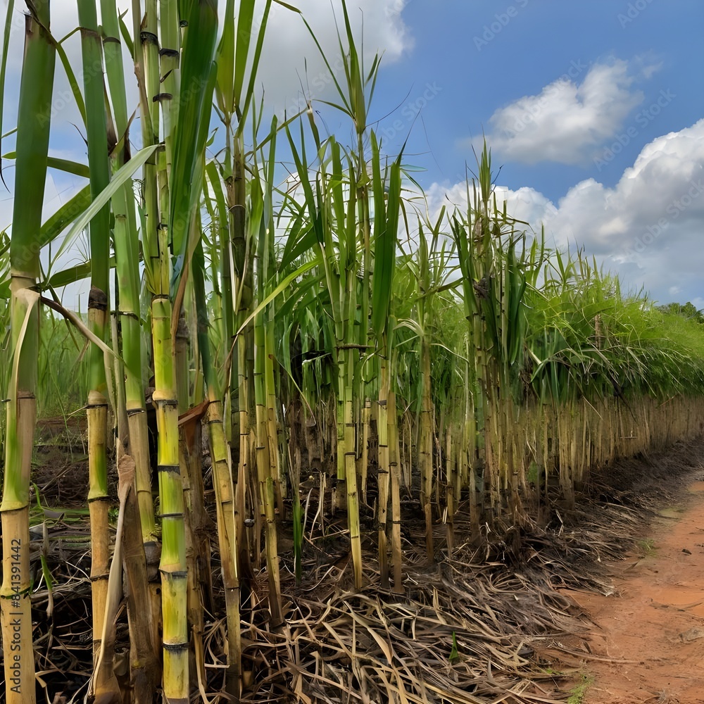 Fototapeta premium Sugar cane stalks with sugar cane plantation background