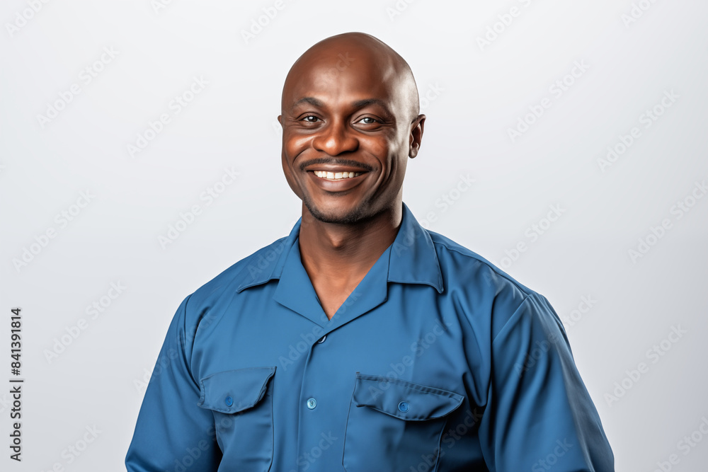 Smiling mechanic black man on a white background. Automotive professions. Job offer. Job Search. Machine repair professions. Black man. Africa. Afro american. Image for graphic designer. AI. Smiling mechanic black man on a white background. Automotive professions. Job offer. Job Search. Machine repair professions. Black man. Africa. Afro american. Image for graphic designer. AI.