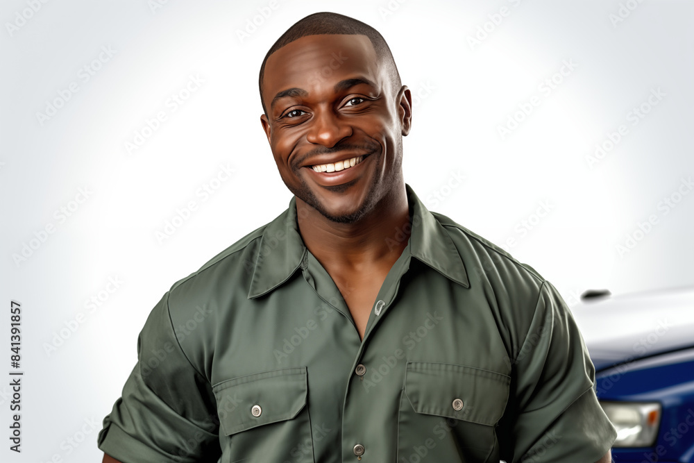 Smiling mechanic black man on a white background. Automotive professions. Job offer. Job Search. Machine repair professions. Black man. Africa. Afro american. Image for graphic designer. AI. Smiling mechanic black man on a white background. Automotive professions. Job offer. Job Search. Machine repair professions. Black man. Africa. Afro american. Image for graphic designer. AI.