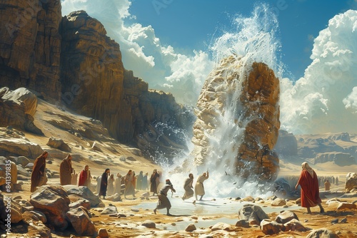Moses Strikes Rock: Water Flows, Israelites Drink - Dynamic Desert Illustration