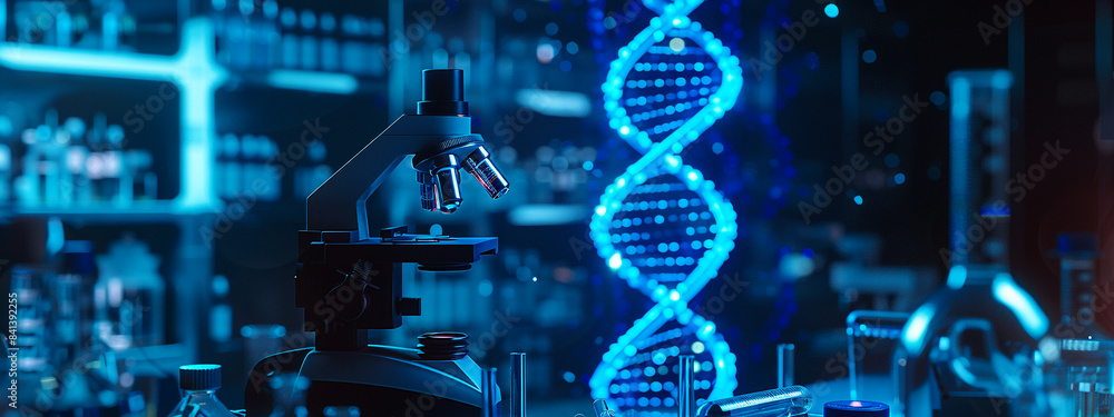 A microscope and DNA helix symbolize medical research in the laboratory ...