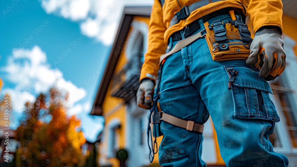A construction worker stands against the background of a house. A construction worker stands against the background of a house.