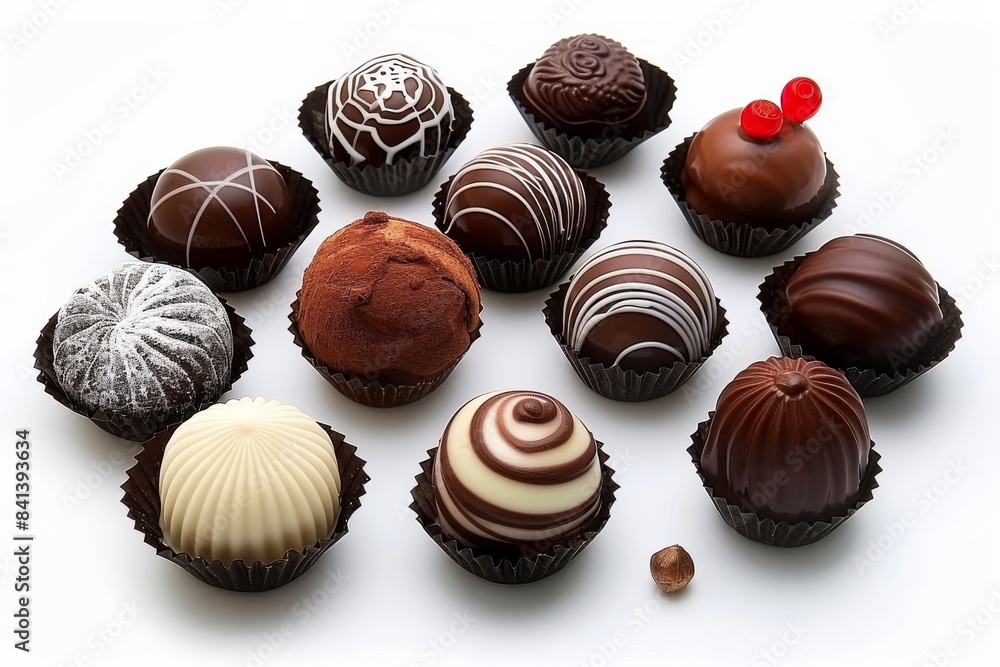 Elegant assortment of gourmet truffles with rich chocolate and decorative toppings, set against a clean background, highlighting an indulgent dessert Elegant assortment of gourmet truffles with rich chocolate and decorative toppings, set against a clean background, highlighting an indulgent dessert