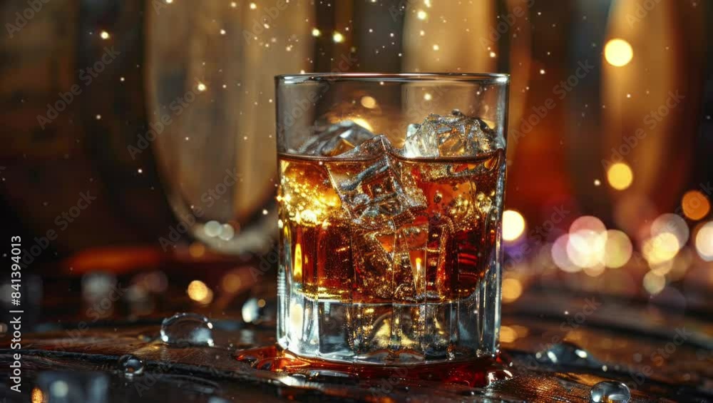single malt whiskey in glass, ice cubes catching the light, wooden barrels in backdrop single malt whiskey in glass, ice cubes catching the light, wooden barrels in backdrop