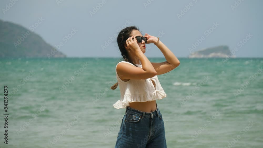Beautiful young woman, sunglasses, tropical exotic paradise destination Beautiful young woman, sunglasses, tropical exotic paradise destination