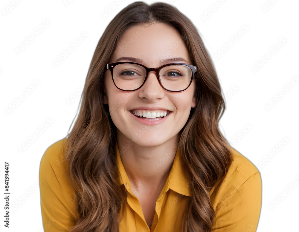 Joyful Woman with Glasses, healthy facial skin, Brown Hair Smiling in Yellow Shirt. Beautiful, Cheerful, Confident Portrait for Cosmetology, Plastic Surgery industry on White or Transparent PNG. Joyful Woman with Glasses, healthy facial skin, Brown Hair Smiling in Yellow Shirt. Beautiful, Cheerful, Confident Portrait for Cosmetology, Plastic Surgery industry on White or Transparent PNG.