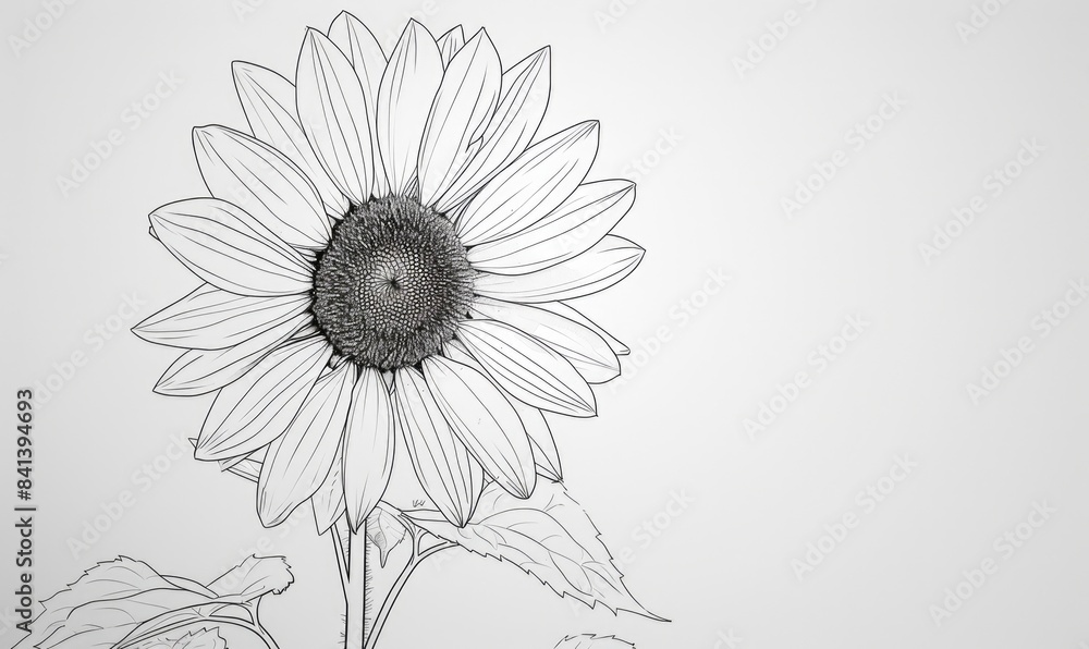 Fototapeta premium Black and white illustration of single sunflower on white background