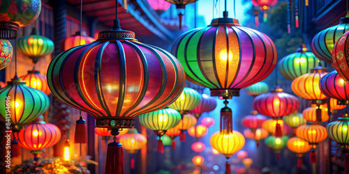 A vibrant scene of colorful Chinese lanterns hanging in a street during a festival. The lanterns are illuminated, casting a warm and festive glow. The background showcases a traditional setting
