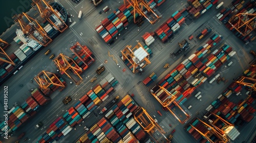 A busy harbor with many large ships and cranes. The scene is bustling with activity and movement