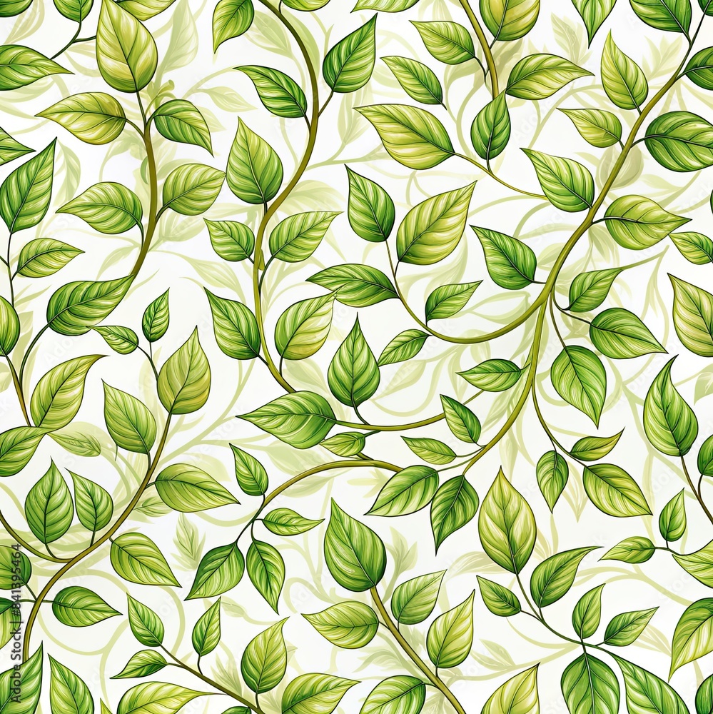 A seamless pattern of illustrated green leaves and vines on a white background. Generative AI A seamless pattern of illustrated green leaves and vines on a white background. Generative AI