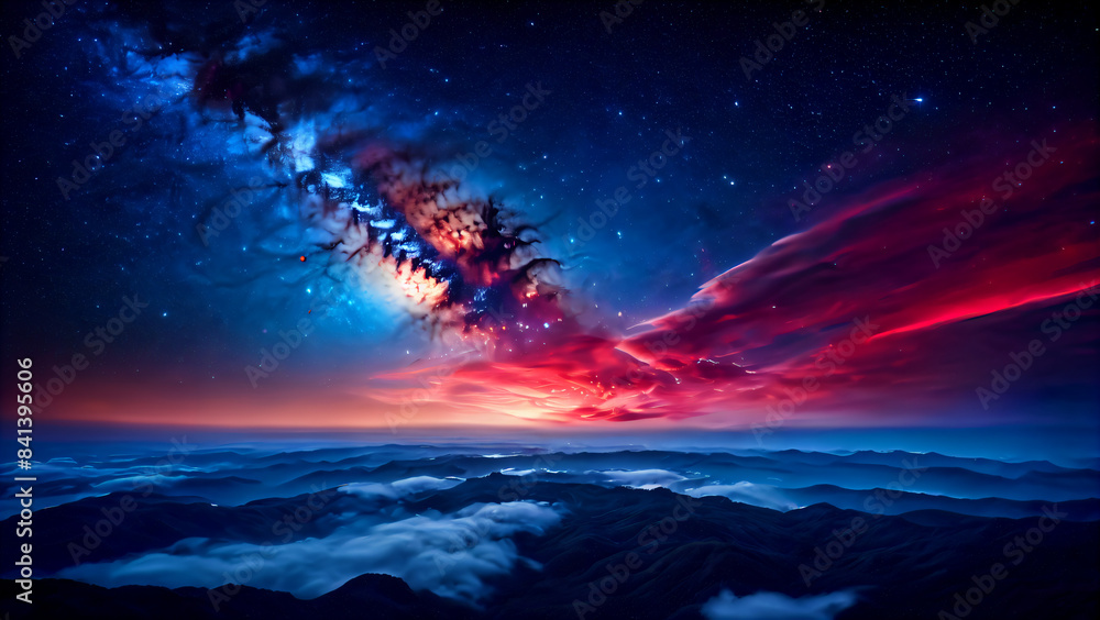 Alternative night sky: stars, Milky Way, galaxy, space, astronomy, clouds and nebulae, shades of red and blue, bright colors against the background of dark space Alternative night sky: stars, Milky Way, galaxy, space, astronomy, clouds and nebulae, shades of red and blue, bright colors against the background of dark space