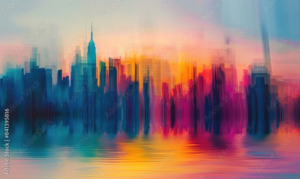 A painting of a city skyline with a large building in the middle A painting of a city skyline with a large building in the middle