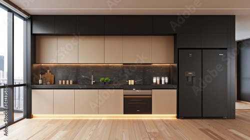 Wallpaper Mural Elegant modern kitchen featuring black and beige colors, minimalist design, and contemporary appliances. Torontodigital.ca
