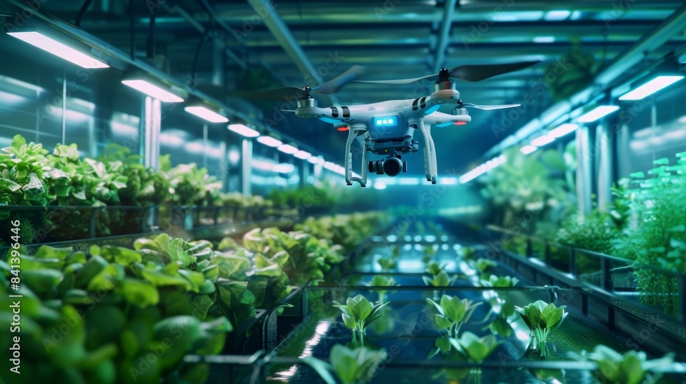A drone flying over an aquaponics farm collecting data and images for comprehensive system monitoring. A drone flying over an aquaponics farm collecting data and images for comprehensive system monitoring.