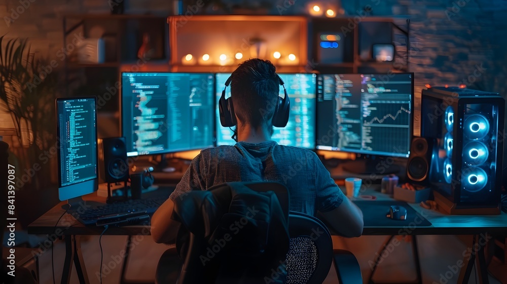 Dedicated Developer Debugging Code Amidst Multiple Monitors in Late Night Workspace Dedicated Developer Debugging Code Amidst Multiple Monitors in Late Night Workspace