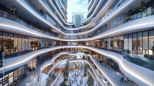 Unique luxury multi level long linear retail and commercial on top. Generative AI. photo