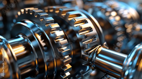 A photorealistic depiction of a seamless gear train, with each gear perfectly aligned and smoothly rotating. photo