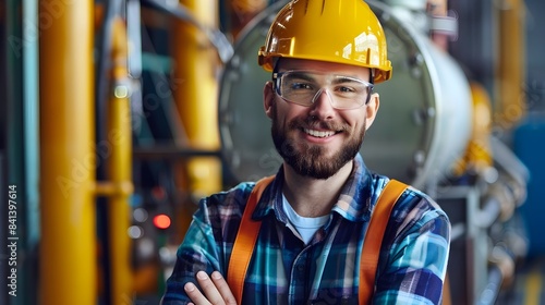 Smiling Young Plant Engineer in Protective Gear Working at Industrial Facility © Thipphaphone