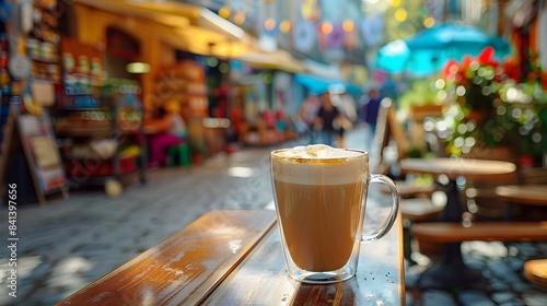 Cozy Latte at a Vibrant Urban Market with Colorful Stalls and Crowd in the Background