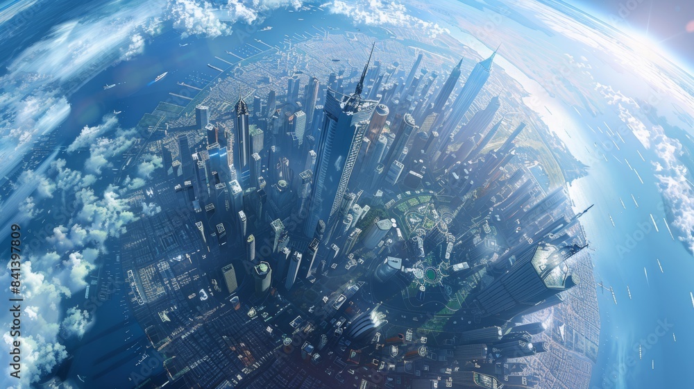 Naklejka premium A photorealistic depiction of a thriving global business center on a vibrant blue planet, captured from a high vantage point.