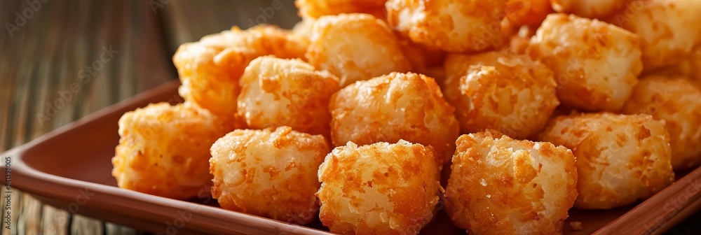 A tater tots close up, food design, dynamic, dramatic compositions, with copy space. A tater tots close up, food design, dynamic, dramatic compositions, with copy space.
