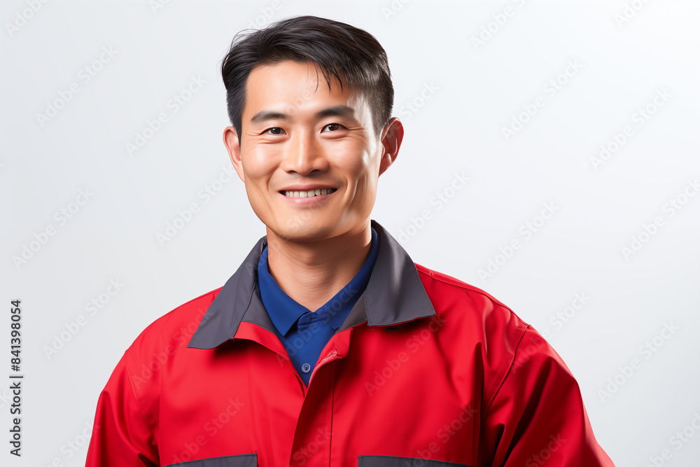Smiling mechanic asian man on a white background. Automotive professions. Job offer. Job Search. Machine repair professions. Asian man. Asia. China. Japan. Image for graphic designer. AI. Smiling mechanic asian man on a white background. Automotive professions. Job offer. Job Search. Machine repair professions. Asian man. Asia. China. Japan. Image for graphic designer. AI.