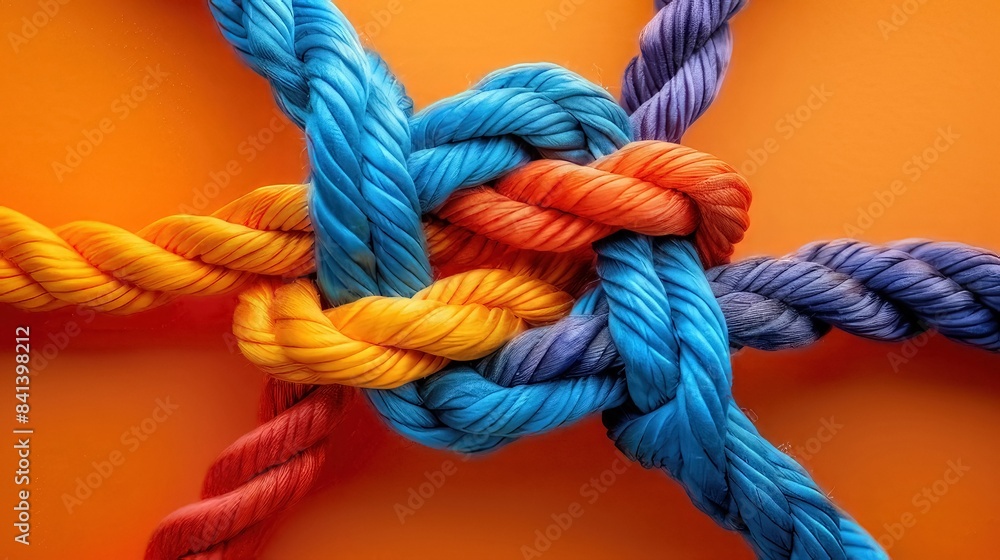 Vibrant close-up of a rope symbolizing the unity and resilience of a diverse team, showcasing partnership, teamwork, communication, and support. Illustrating a robust and varied network in team Vibrant close-up of a rope symbolizing the unity and resilience of a diverse team, showcasing partnership, teamwork, communication, and support. Illustrating a robust and varied network in team