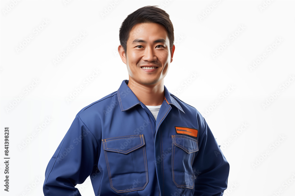 Smiling mechanic asian man on a white background. Automotive professions. Job offer. Job Search. Machine repair professions. Asian man. Asia. China. Japan. Image for graphic designer. AI. Smiling mechanic asian man on a white background. Automotive professions. Job offer. Job Search. Machine repair professions. Asian man. Asia. China. Japan. Image for graphic designer. AI.