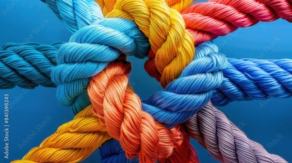 Vibrant close-up of a rope symbolizing the unity and resilience of a diverse team, showcasing partnership, teamwork, communication, and support. Illustrating a robust and varied network in team Vibrant close-up of a rope symbolizing the unity and resilience of a diverse team, showcasing partnership, teamwork, communication, and support. Illustrating a robust and varied network in team