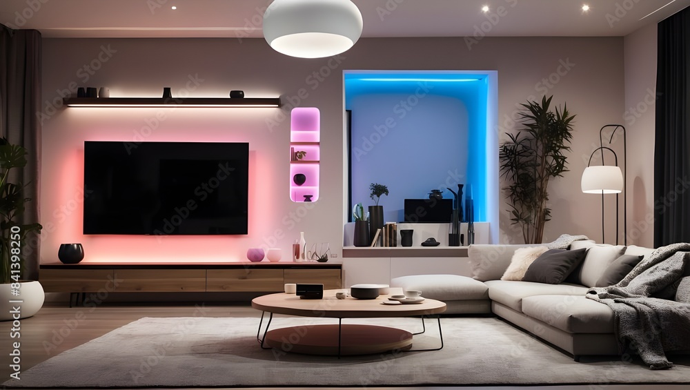 a contemporary living area with ambient lighting from smart home technologies, including IoT gadgets, smart speakers on side tables, thermostats mounted on the wall, and LED lights changing behind the a contemporary living area with ambient lighting from smart home technologies, including IoT gadgets, smart speakers on side tables, thermostats mounted on the wall, and LED lights changing behind the