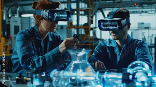 A man in white lab coats are wearing virtual reality goggles and working on a project. Concept of innovation and technological advancement