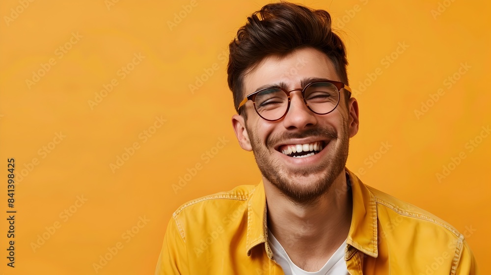 Fototapeta premium Smiling Young Professional Manager with Glasses on Vibrant Orange Background