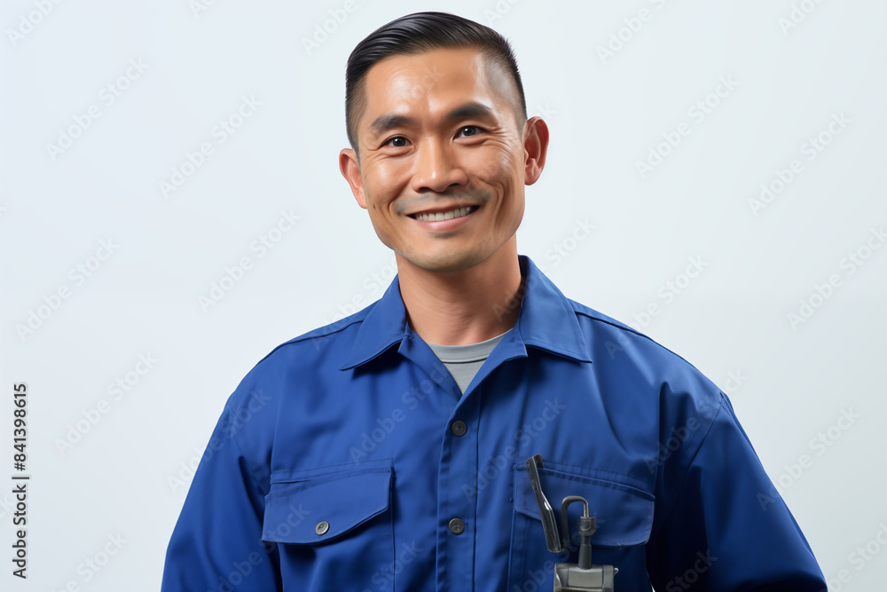 Smiling mechanic asian man on a white background. Automotive professions. Job offer. Job Search. Machine repair professions. Asian man. Asia. China. Japan. Image for graphic designer. AI. Smiling mechanic asian man on a white background. Automotive professions. Job offer. Job Search. Machine repair professions. Asian man. Asia. China. Japan. Image for graphic designer. AI.