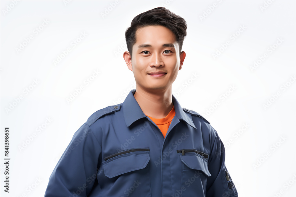 Smiling mechanic asian man on a white background. Automotive professions. Job offer. Job Search. Machine repair professions. Asian man. Asia. China. Japan. Image for graphic designer. AI. Smiling mechanic asian man on a white background. Automotive professions. Job offer. Job Search. Machine repair professions. Asian man. Asia. China. Japan. Image for graphic designer. AI.