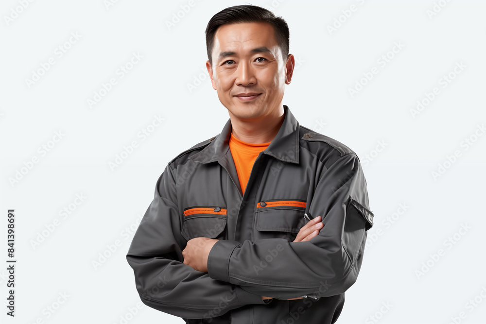 Smiling mechanic asian man on a white background. Automotive professions. Job offer. Job Search. Machine repair professions. Asian man. Asia. China. Japan. Image for graphic designer. AI. Smiling mechanic asian man on a white background. Automotive professions. Job offer. Job Search. Machine repair professions. Asian man. Asia. China. Japan. Image for graphic designer. AI.