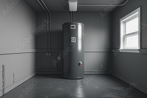 A modern water heating system in a residential basement featuring a water heater and expansion tank. photo