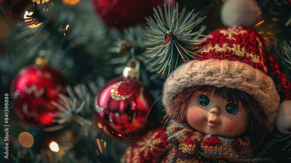 Christmas message and a toy doll with a furry hat on holiday ornament Christmas message and a toy doll with a furry hat on holiday ornament