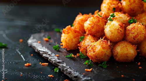 A tater tots close up, food design, dynamic, dramatic compositions, with copy space. photo