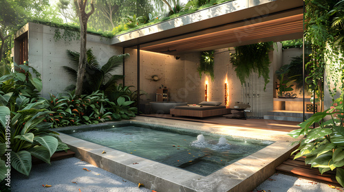 Wallpaper Mural A wellness area with an outdoor jacuzzi or a small sauna, creating a private wellness oasis surrounded by plants and privacy screens. Torontodigital.ca