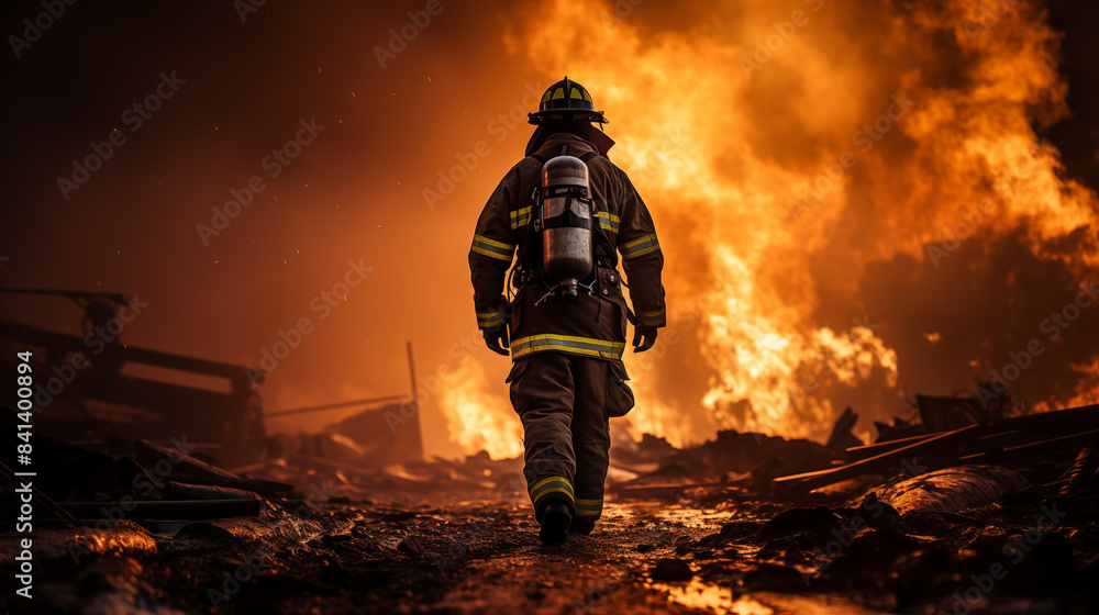 Naklejka premium firefighters walking away from a fire.